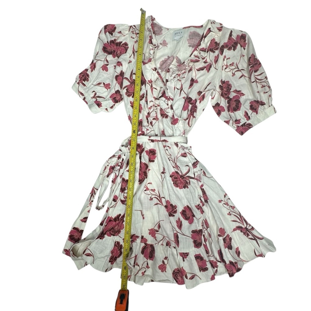 MISA Dress Small White Pink Thora Floral Ruffle Mini Wrap Abstract Peony  small - Picture 8 of 12